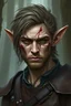 Placeholder: fantasy art style. misty forest background. Male Elf of 40 years age. Leathery and worn skin. Deep scars among his face and burns.