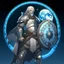 Placeholder: Please create an image for a 30-year old aasimar male with silver hair and a short, square beard and blue eyes. He is standing outside in the moonlight wearing plate armor and wielding a shield and a hammer. His equipment is adorned in multiple places with a crescent moon