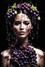 Placeholder: woman made with grapes and wine drops, collage, caotic, botanic, style, black background