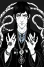 Placeholder: black haired young man necromancer wizard with gothic jewelry and tentacle fingers in the style of Aubrey Beardsley