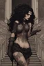 Placeholder: scarred cyberpunk vampire girl with tribal tattoos short curly dark cyberpunk hair descending the staircase in decaying gothic mansion with ornate dagger in hand at dawn