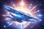 Placeholder: beautiful bright futuristic cosmic flat spaceship with little crystal jewel windows and to the bottom magic bluebeam, flying in a brightness cosmic universe with brightness light and stars