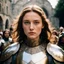 Placeholder: (35mm film photo:1.3) rendered through a kaleidoscopic mushroom lens capturing the intense arrival of Jeanne d'Arc (Oan) (17, radiating a fierce, divine energy, wearing simple medieval armor and a worn tunic:1.1, head high, eyes wide seeing beyond the physical, long brown hair) into the packed courtyard of the Royal Court at Chinon. She is flanked by her armored escorts, Jean de Metz (weathered veteran, plate armor) and Bertrand de Poulengy (noble knight, focused expression). The heavy oak and i