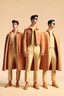 Placeholder: three men in different Balenciaga Superman's clothing, beige tones, fashion plates, deconstructed tailoring, rendered in cinema4d –q 2 –ar 3:5