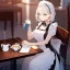 Placeholder: anime girl dressed as a waitress filling a tea cup of coffee, in a busy diner, with tables and chairs nd booths, two identical tea cups sitting on a table, waitress is pouring coffee into a cup and it over flows, one cup is overflowing and the other is empty.two white coffee cups