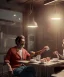 Placeholder: Realistic scene, American shot view, 0 gravity, levitating man and woman sitting in cafeteria and having breakfast, Wes Anderson, fly, floating, soft color, highly detailed, unreal engine 5, ray tracing, RTX, lumen lighting, ultra detail, volumetric lighting, 3d, finely drawn, high definition, high resolution.