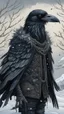 Placeholder: An illustration by Jakuchu and Monet of a human-like raven adorned in a punk leather jacket within a snowy atmosphere.