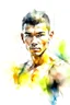 Placeholder: watercolor painting of a beautiful portrait of a 25 year old man muay thai boxing, realistic skin texture, looking into the camera, Anna Razumovskaya style, atmospheric light, realistic colors