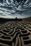 Placeholder: A man enters a labyrinth and in the background sky we can see the shape of a skull