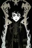 Placeholder: 7 year old boy, necromancer, friendly, looks dead, surrounded by weird smoke with eyes, wearing black robes, in the style of Harry Clarke