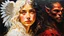 Placeholder: old worn postcard, Portrait Light and darkness in one person, angel and demon in one person, abstract art additional colors small details,
