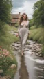 Placeholder: full body shot of a very beautiful lady curvy hair, walks in the country side with a narrow river with clean water and nice rocks on floor. The trees and wild flowers pretty country houses ,nice cloudy sky.