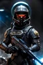 Placeholder: secret agent. sci-fi, all black, spelljammer, gun, dnd token, close up, military, helmet with visor, modified weaver gun stance, chest up, gun in image