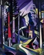 Placeholder: A dark purple forest with windmills painted by Wassily Kandinsky