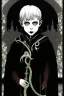 Placeholder: 7 year old boy, necromancer, friendly, looks dead,with a lamprey serpent , wearing black robes, in the style of Harry Clarke