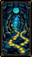 Placeholder: blue and black "Card back featuring a mystical dungeon design with glowing trails, tiny cartoon rats exploring paths, whimsical fantasy vibe, glowing runes, vibrant and colorful, symmetrical layout, polished illustration style."