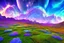 Placeholder: cosmic landscape with blue grass with magic lake, sky with light and stars. a bright spaceship in the sky with blu laser light