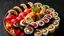 Placeholder: A sushi platter featuring rolls made with unconventional ingredients like vibrant dragon fruit, gold leaf, and edible flower petals. Each piece is meticulously arranged to form a stunning mosaic pattern. Award-winning photograph, beautiful composition, exquisite detail and illumination