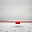 Placeholder: Captivating ultra minimalist photographic illustration, long shot of barren field covered in white snow, in far distance there is a single red beach umbrella in ground, evokes strong feelings of desolation and isolation