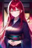 Placeholder: girl, masterpiece, best quality, cinematic lighting, detailed outfit, vibrant colors, perfect eyes, long hair, red hair, pink eyes, obi, smile, indoors,