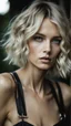 Placeholder: photography of a beautiful anorexic woman, silver satin spaghetti top, sports illustrated, blond short wavy bob haircut, pronounced sternum