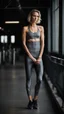 Placeholder: photography of a beautiful anorexic woman, grey satin triathlon top, sports illustrated, blond short wavy bob haircut, pronounced sternum, flat chest, anthracite cycling leggins