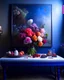 Placeholder: Inspired by CARLIJN JACOBS. Capture an image of a scene inside contemporary urban art gallery at 11 a.m. using a Leica Hermes Edition M7 camera. Focus on an intricate floral bouquet, and incorporate sophisticated composition, gestalt principles, and silver ratio proportions. Use volumetric lightning, cherenkov radiation and crocoite color palettes. The image should be product-focused, hyper-detailed, hyper-realistic, eye-catching.