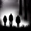 Placeholder: three figures, silhouettes, dark, foggy weather, night, forest, black, horror, art, evil, dark effect, trees,