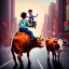 Placeholder: A one-year-old boy rides on the cow in the middle of a busy street in new york. photographic, bright colors and sunset, fantasy art, Anna Dittmann, digital painting, dan mumford, oil on canvas, jeff koons, akihito yoshida, wlop, kodachrome.