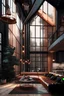 Placeholder: 10k hyper realistic detailed luxury modern Industrial design house with glass paneling and low hanging copper lights and pitched roof, living room,