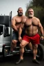 Placeholder: photography of two burly chubby strong turkish truck drivers 48 years old, shirtless with boxer ,bulge, manly chest, muscular, long beard, at midnight , sitting outside near his truck, open legs, dim lights, ambient occlusion, side light , photorealistic, view from the ground