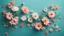 Placeholder: Beautiful spring flowers flying in the air, against teal background; Creative spring floral layout. Minimal birthday, valentines or wedding concept.