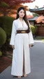 Placeholder: 4K Photorealism : 30 year old Asian woman with a full body with a proportional body, symmetrical face, precise clean brown eyes, long flowing hair, precise chest accentuation, showing typical Japanese clothing