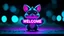 Placeholder: a cute magical creature holding a purple neon light strip that says "Welcome", cinematic, dark colors, purple and teal lighting, beautiful scenery in the background, bokeh, Unreal Engine, expressive, artsy