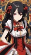 Placeholder: Tokisaki Kurumi appears to be elegant and has very polite manners, ivory skin and long, evil smile, crazy smile, black hair usually tied in long twin tails, deferent Eyes colors, right eye is red-tinted color, left eye appears as a golden color, inorganic clock face, a girl with astonishing beauty, wearing her astral black and red dress 'Elohim', left golden eye, intricate details, highly detailed, date a live anime art style