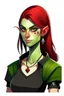 Placeholder: very smart half orc teenaged tomboy woman, shes strong and not pretty, her hair is dark red and shoulder length, she wears an earring and black clothing with green skin and pointed teeth, realistic style