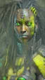 Placeholder: A woman has tanned skin, yellow eyes and black dreads. Her face show her superiority in the eyes of others. She is dressed in a steel armor with a few pieces of yellow and green fabric sticking out.
