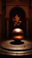 Placeholder: Create an image of old copper sphere with strange runes in side a temple with dim light of fire torch on the wall in the background