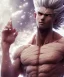 Placeholder: Goku avatar style, white hair, fighting pose, muscular body, shirtless, volumetric details, hyper realism, unreal engine 5