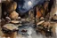 Placeholder: Night, rocks, gothic horror movies influence, puddle, mountains, epic, john singer sargent watercolor paintings