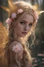 Placeholder: Pointed elven ears,Blonde hair ,Pink dress,Sparkling fairy wings,Very long golden hair,Fairy crown,pointed ears,elven ears,fairy wings,water lilies,sparkling,glittering,flowers,blossoms,golden crown,light pink dress