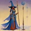 Placeholder: ConceptSheet [by Bruce Pennington]: woman wizard and her long rod with AD&D statistics