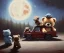 Placeholder: little boy and big teddy bears on moon. drifting in old bmw. oil on canvas