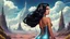 Placeholder: exotic sci-fi pin-up girl, with long dark hair, on an alien planet with cloud trees, tall spires and buildings