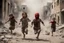 Placeholder: bloody children with without arms running from bombs in a ruined city in Palestina, smoke and fire and explosions