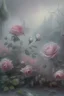 Placeholder: dry pastel, botanical fantasy, unrealistically beautiful fairy-tale landscape, pink-gray rose bush strewn with flowers, ultra-detailed, morning, rain, drops, greenery, magically, clear lines, haze, fog, many details, delicate sensuality, realistic, work of art, super-detail, filigree, foggy haze background, low contrast, surrealism, transparent, delicate pastel tones, backlighting, fantastic, unreal, translucent, glowing, epic fabulous