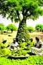 Placeholder: Sudan, destroyed city, women serving tea under tree