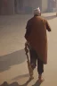 Placeholder: An old man wearing an Arabic keffiyeh, his back bent, walking barefoot, holding his cane upside down, looking back and holding his shoe in his hand.