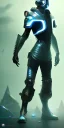 Placeholder: a full body portrait, cyberpunk warrior, wearing boots and helmet, jumping through the air in the style of Carlos Ortega Elizalde, Ahmad Merheb