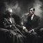 Placeholder: Hyper Realistic Quaid E Azam Smoking Cigar & Fatima Jinnah Sitting on a Velvet Sofa in a foggy Dark Room